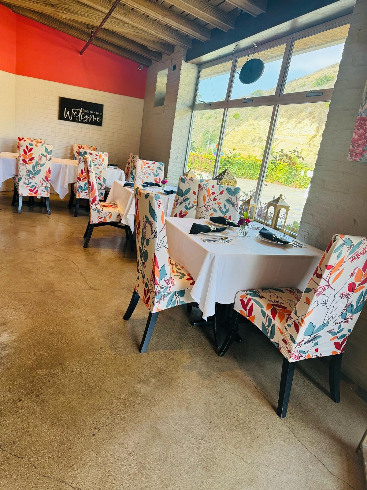 Dining hall interior with floral chairs